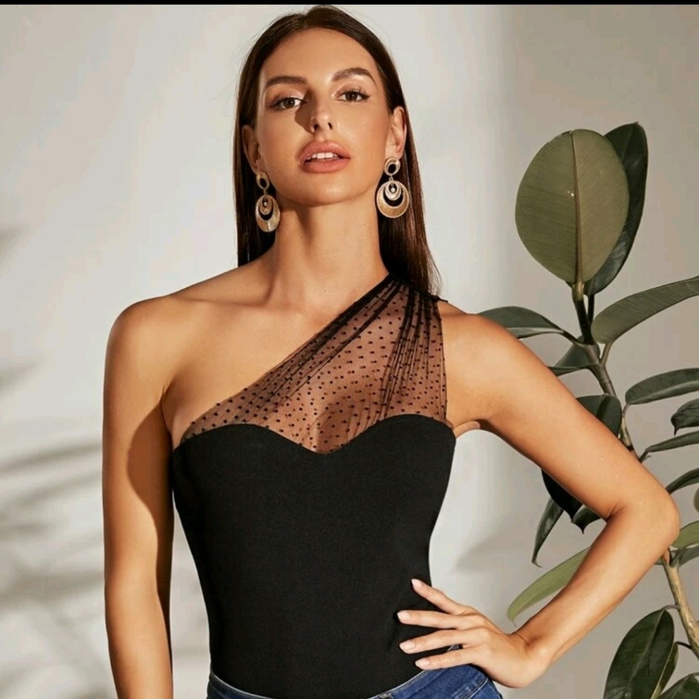 COPY - SHEIN One Shoulder Dot Flocked Mesh Yoke Top